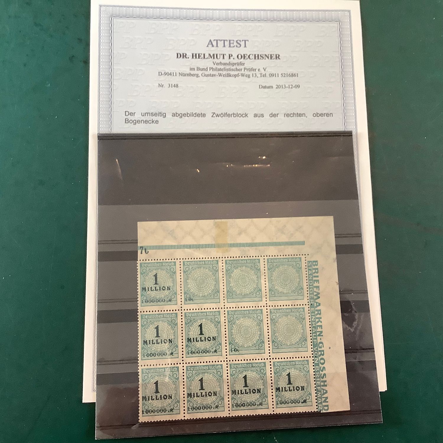 1923 : 5 Stamps without overprint 1 Million and einwandfrei certificate Tworek - Michel 314 P - MNH - Value : Not recorded unique