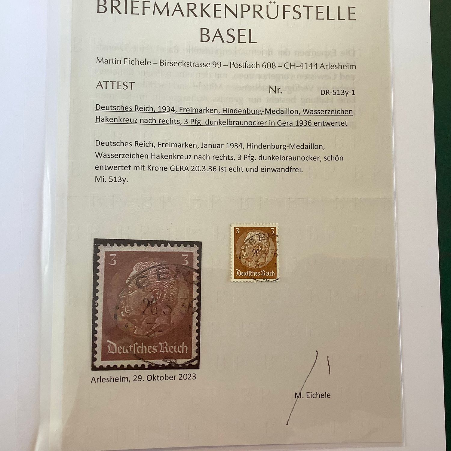 1934 : 3Pf Germania with inverted Watermark - Michel 513y - Value : 1.500