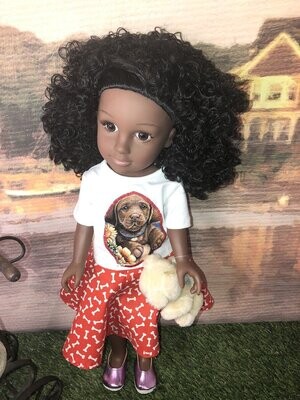 Shyla : Brand new 18" doll with all plastic body, brown long curly  hair and brown  eyes. wearing puppy outfit with white  shirt and red dog bone skirt.  Bonus mini teddy and shoes.