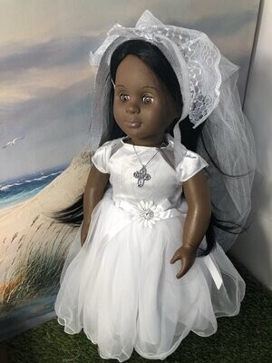 Gorgeous African American/Brown  Battat Doll with Straight Long black Hair and Communion Dress