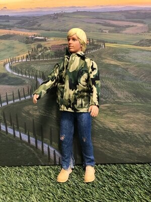 Blonde guy with torn jeans and camo jacket striped green shirt.

