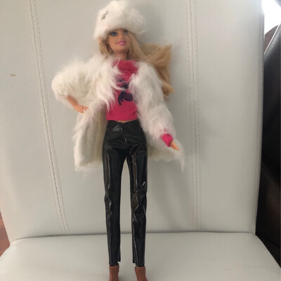 Refurbished Barbie with Fur Hat And Cap and streaked blonde hair, Pants And Brown Boots And Reindeer Sweater

