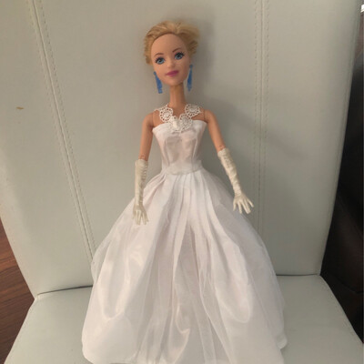 Refurbished Barbie With White Wedding Gown And Short Blonde Hair, Blue Earrings And Matching Shoes