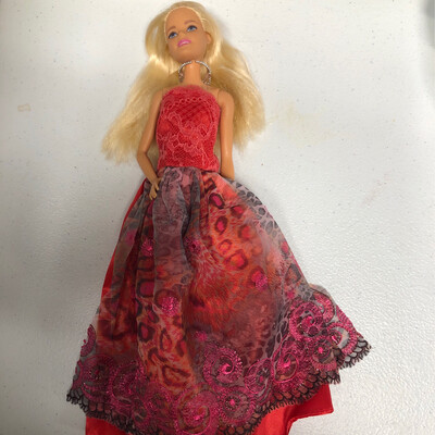 Refurbished Barbie with Fashion Red Multi Print Gown And Long Blond Hair And Coordination Red Shoes

