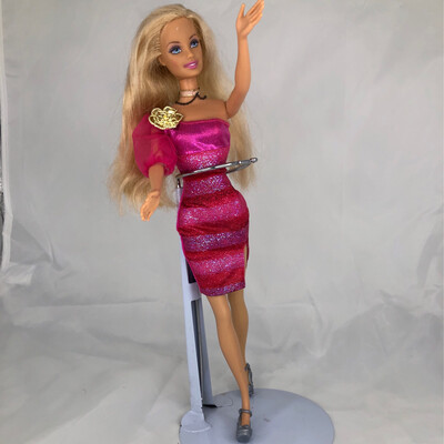 Refurbished Barbie with Fashion Red And Pink Stripped Short Dress And Long Blond Hair And Silver Shoes

