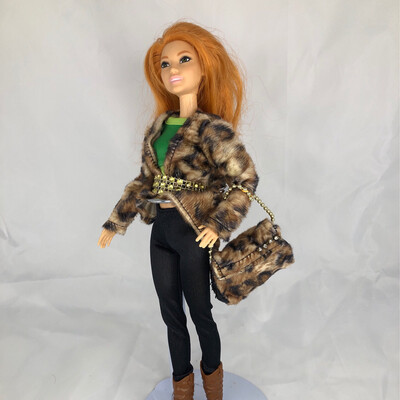 Refurbished Barbie with Cheetah Fur Coat And Coordinated desire Brown Boots, Green Shirt And Black Pants, Long Red Hair