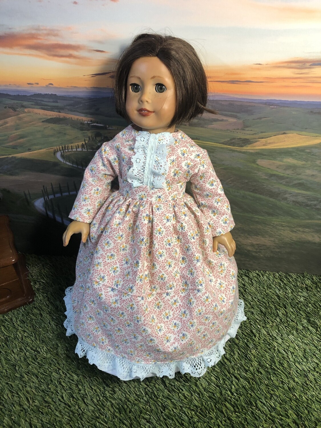Historically inspired rose vintage print doll dress