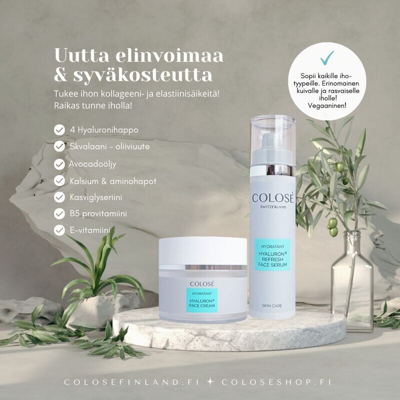 Vegaaninen seerumi, jossa hyaluron, kasviglyseriini ja avocadoöljyn hyvät rasvahapot ravitsevat ja kosteuttavat ihoa.