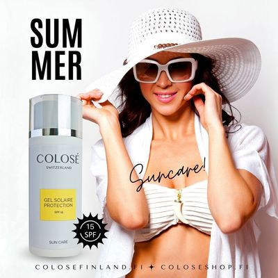 Colosén aurinkosuojageeli spf15 on nopeasti kiinnittyvä, helposti levittyvä ja ihon raikkaana pitävä keskitason suojakertoimen omaava aurinkosuojatuote, joka sopii erinomaisesti III, IV JA V ihotyypin suojaukseen. Ei takerru ihonkarvoihin vaan tasaisesti ihon pintaan. Miellyttävä käyttää.