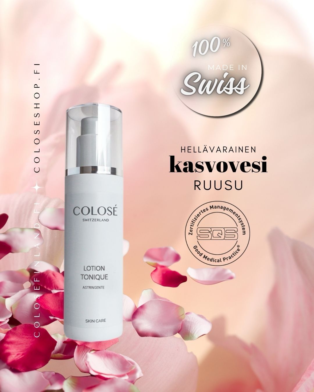 Kasvovesi. Ihoa rauhoittava, kosteuttava ja pH:n tasapainotettu ruusu kasvovesi viimeistelee puhdistuksen. Alkoholiton.