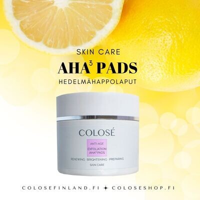 AHA kuorinta kirkastavaa. Sitruunahappo, maitohappo ja glykolihappo tasaavat ja kirkastavat kasvojen ilmettä.