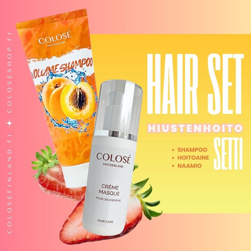 Shampoo ja Hiustenhoitoaine setti.  Syväpuhdistava shampoo pesee hiukset puhtaiksi ja Hoitoaine tekee hiuksista kauniit.