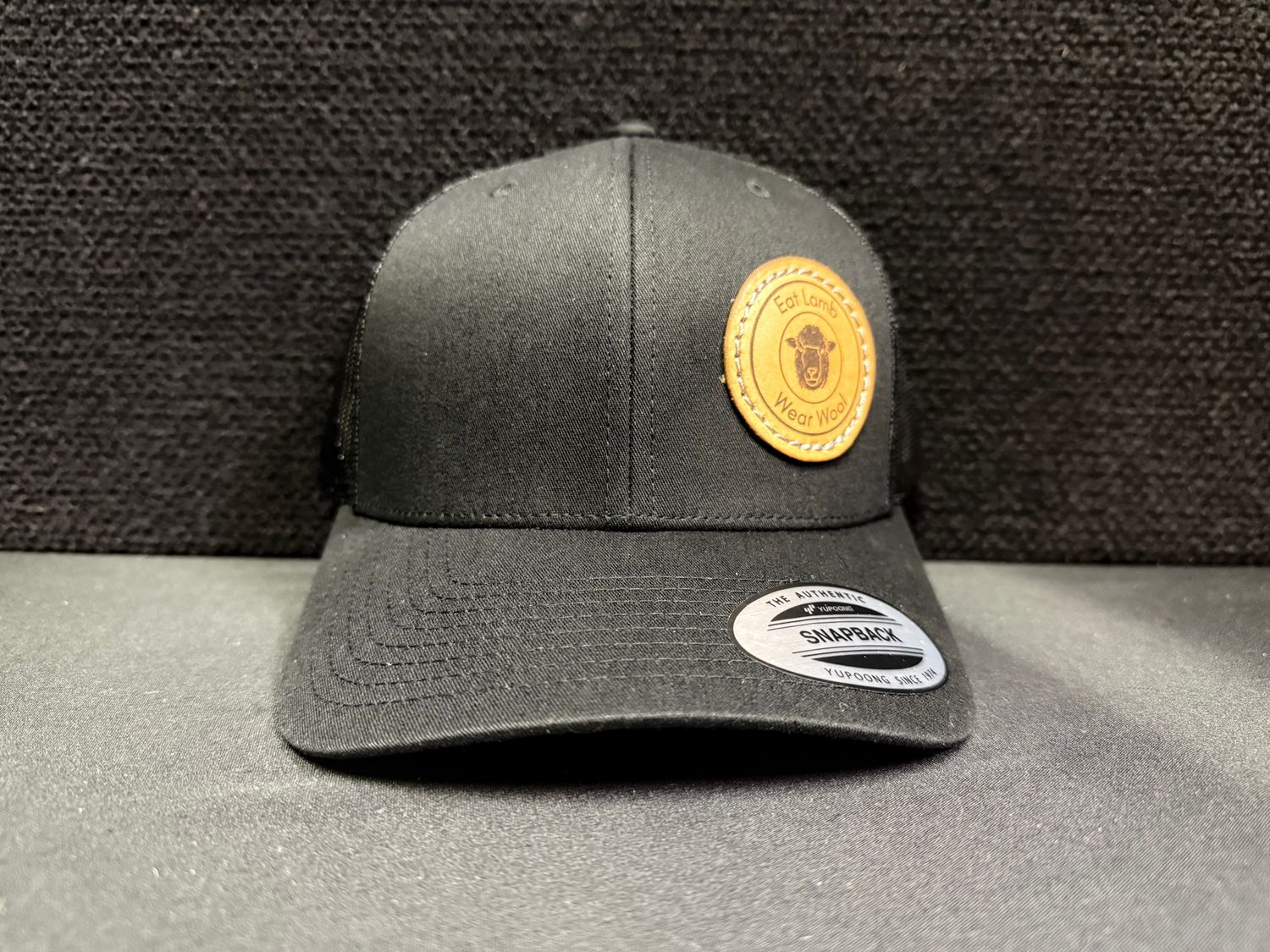 One Feather Leather Snapback Cap - Eat Lamb Wear Wool, Color: Black