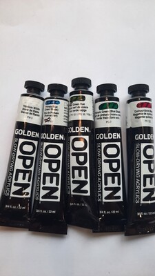 Golden Open acrylics 5x 3/4 oz white, phthalo blue, sap green hue, phthalo green hue, quinacridone magenta