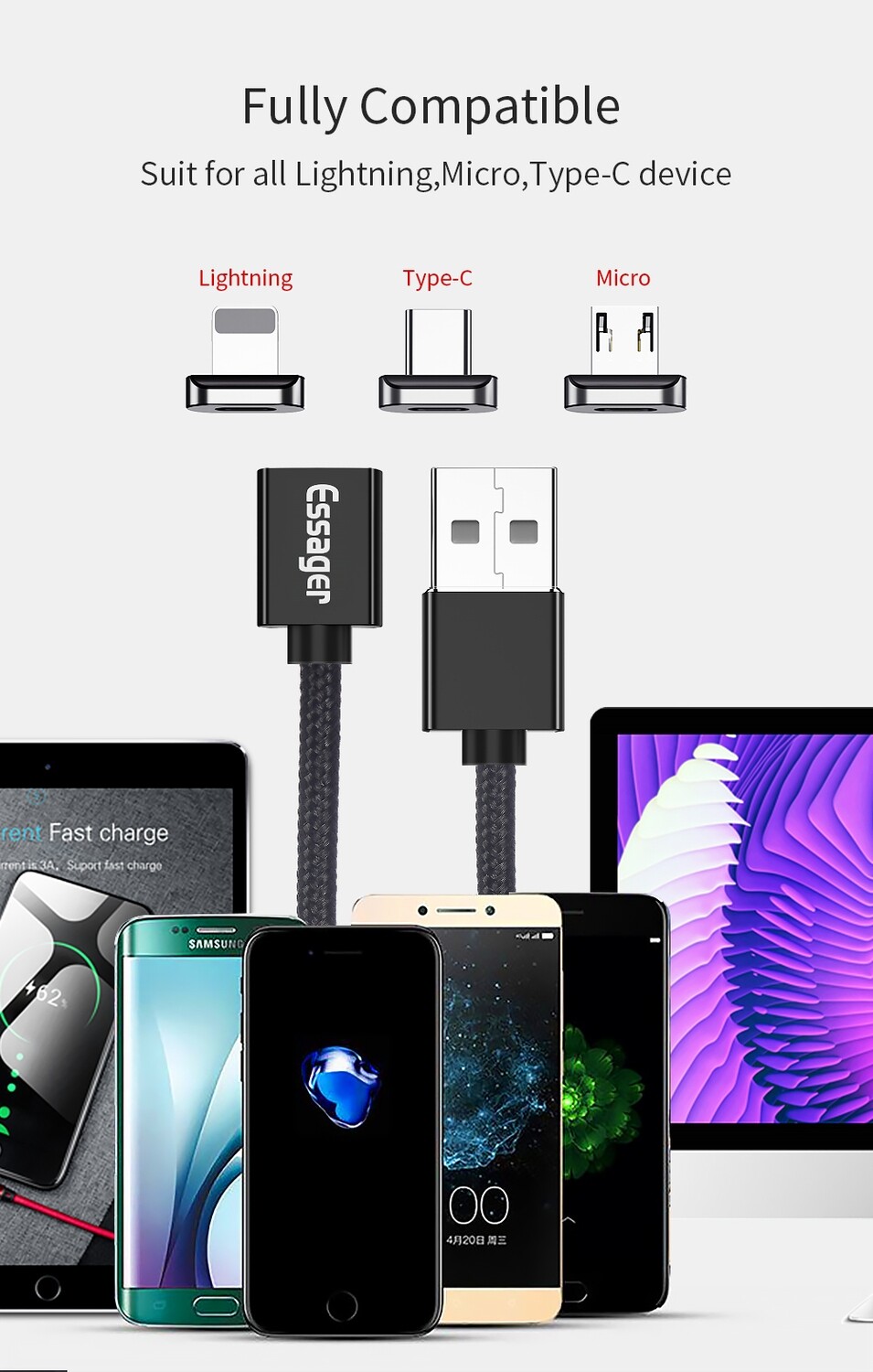 Essager magnetisk type C USB hurtig opladerkabel