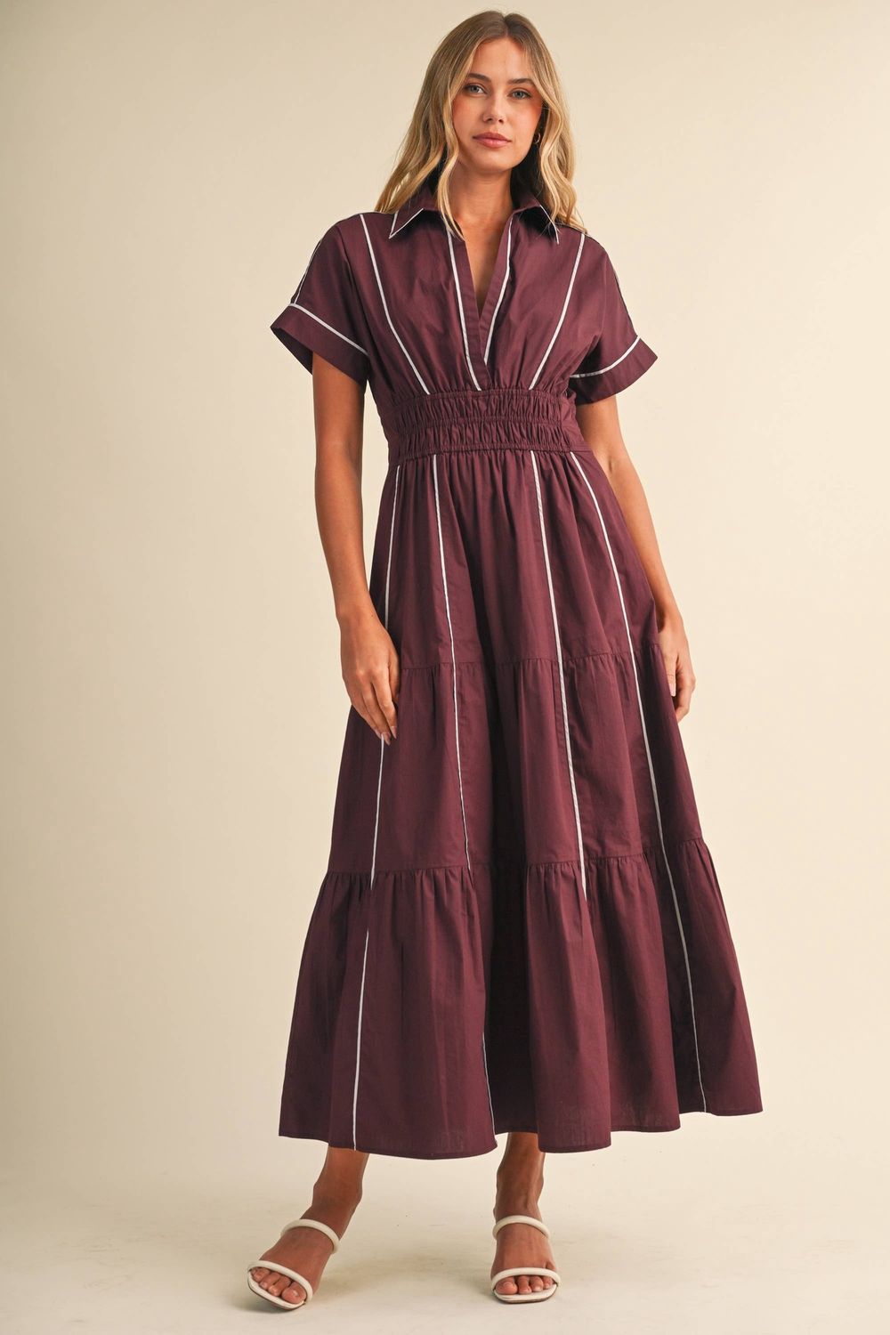 ID10490 SMOCKED WAIST CONTRAST PIPING DETAIL A-LINE MAXI DRE