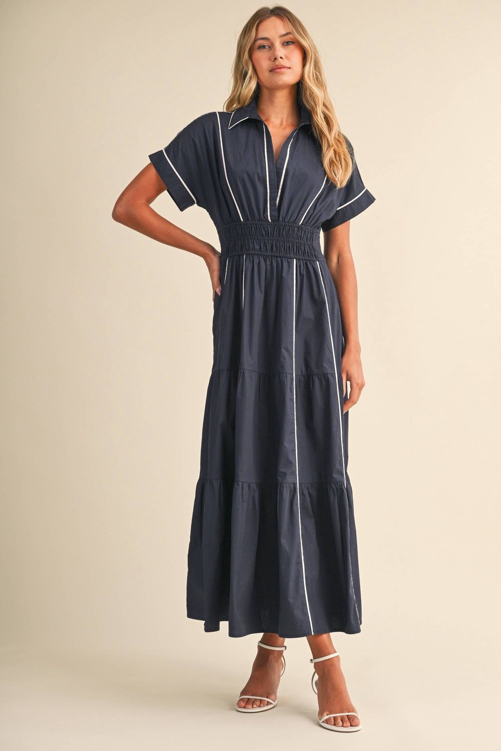 ID10490 SMOCKED WAIST CONTRAST PIPING DETAIL A-LINE MAXI DRE, Color: NAVY/WHITE, Size: M