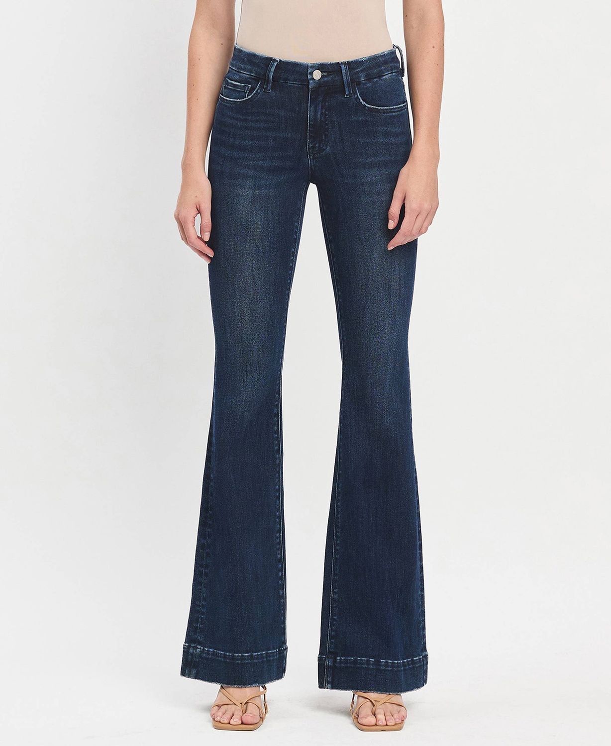 MID RISE DARK WASH FULL LENGTH FLARE JEANS LV1482, Color: JESTING, Size: 25