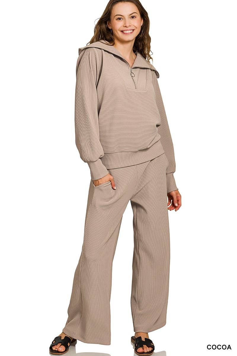 Ribbed High Neck Half Zip Pullover And Pants Set, Color: COCOA, Size: 1-1-1(S-M-L)