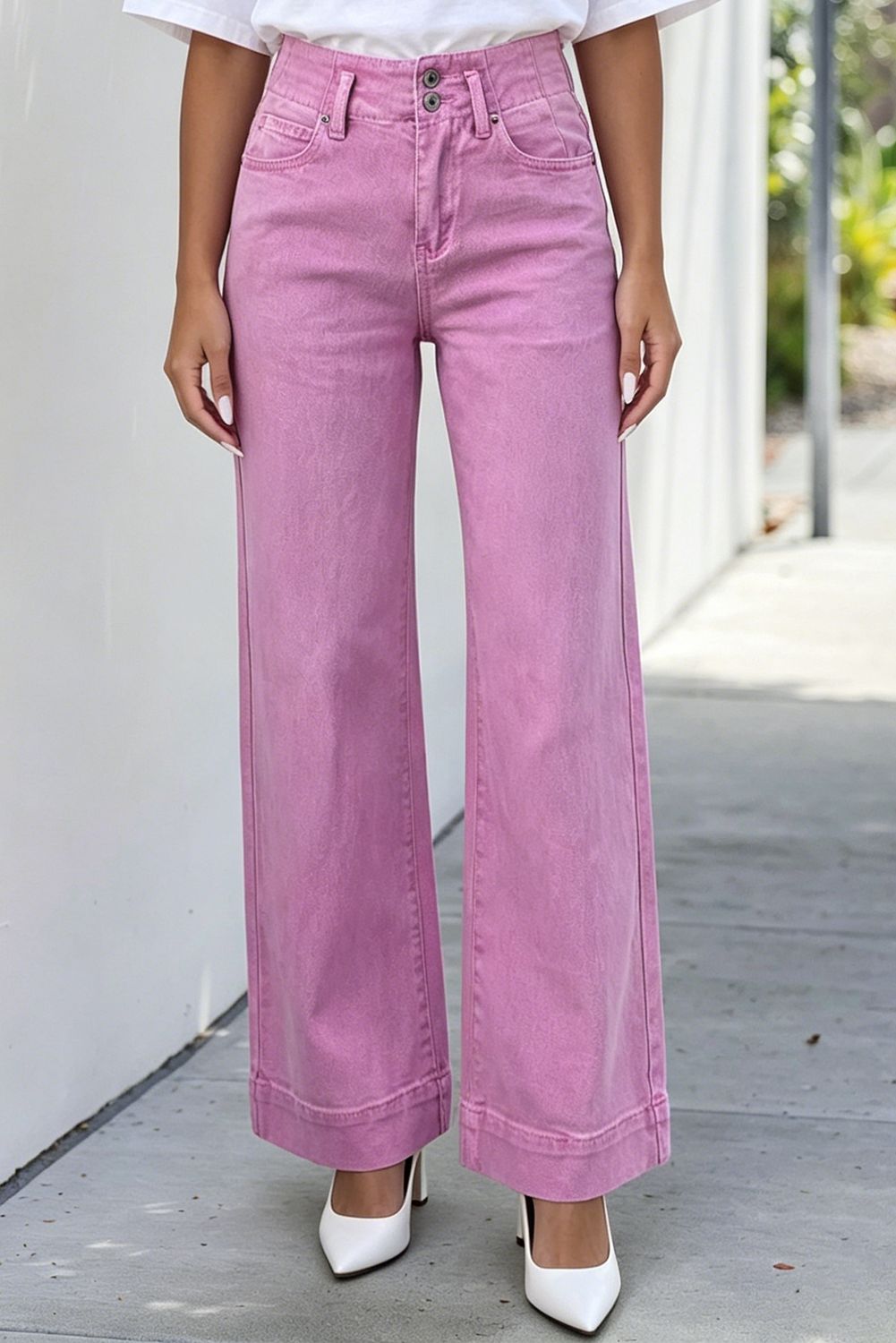 Women's High-Waisted 2-Button Wide Leg Jeans