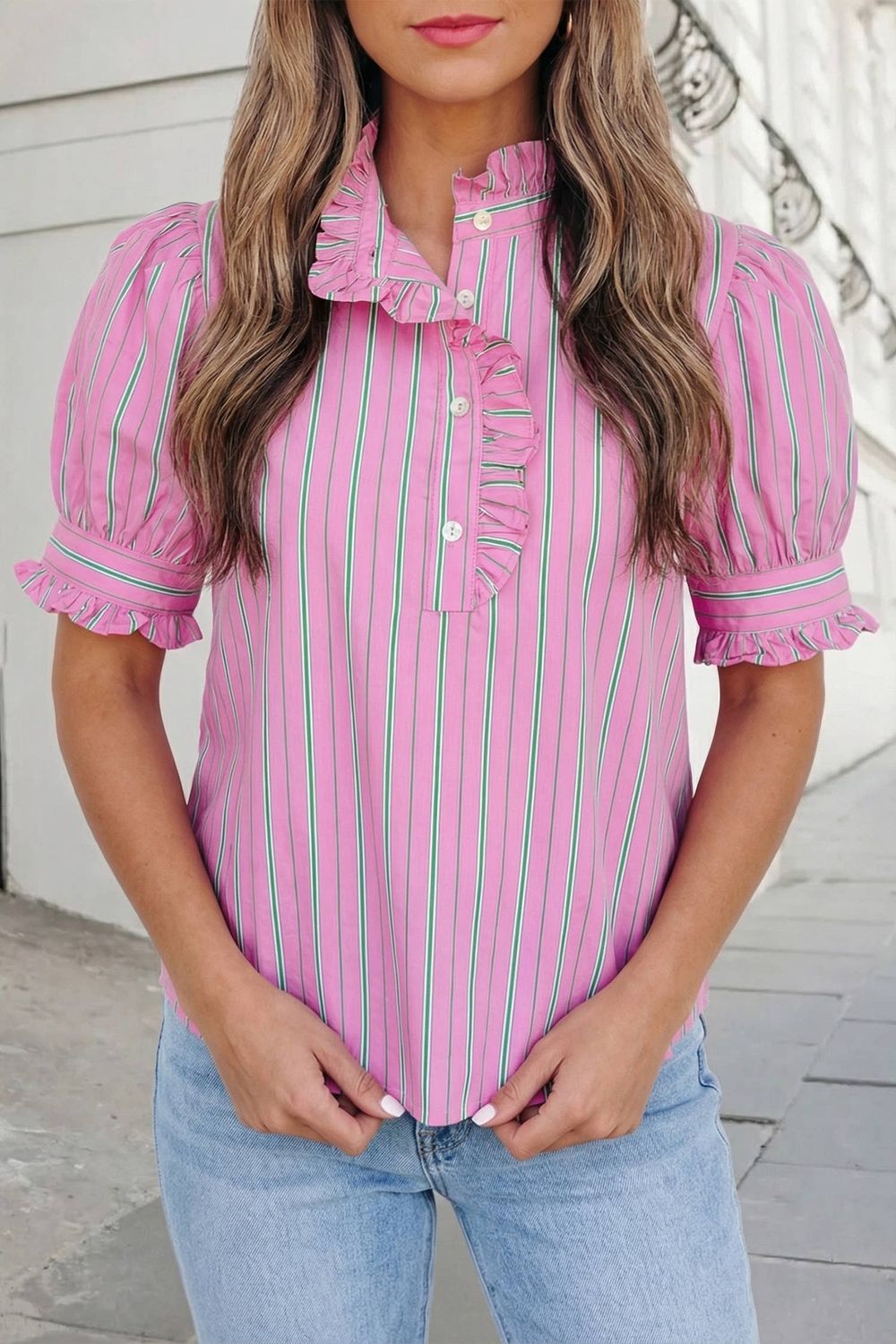 Striped Print Ruffle Neck Blouse | S-XL