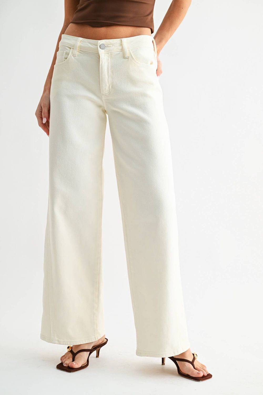 Side Seam Mid Rise Wide Leg - CREAM - DP811