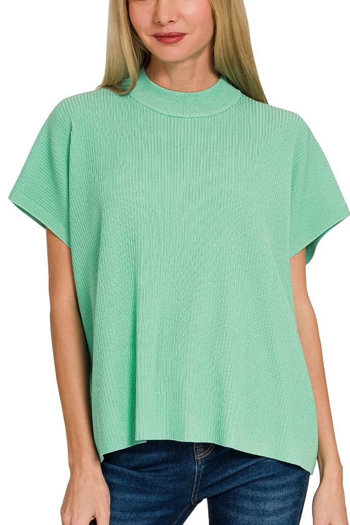 Viscose Mock Neck Short Sleeve Boxy Sweater