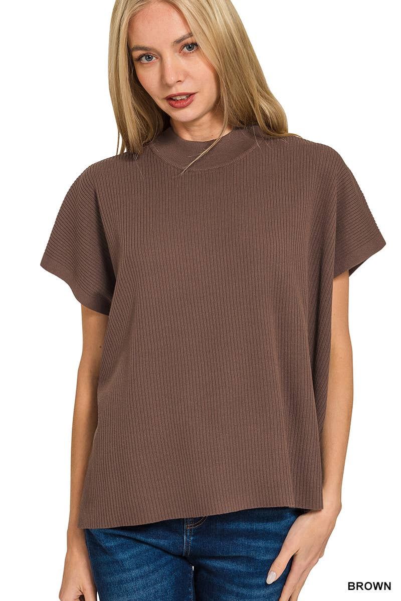 Viscose Mock Neck Short Sleeve Boxy Sweater, Color: BROWN, Size: 2-2-2(S-M-L)
