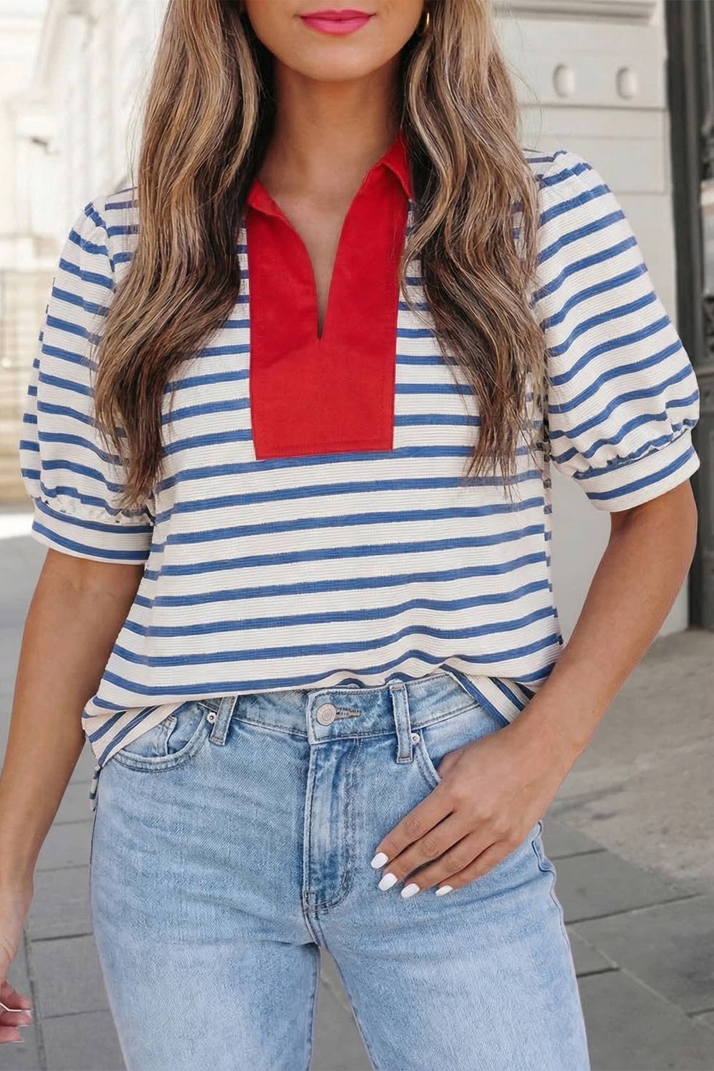 Stripe Short Puff Sleeve Collared Blouse | S-XL