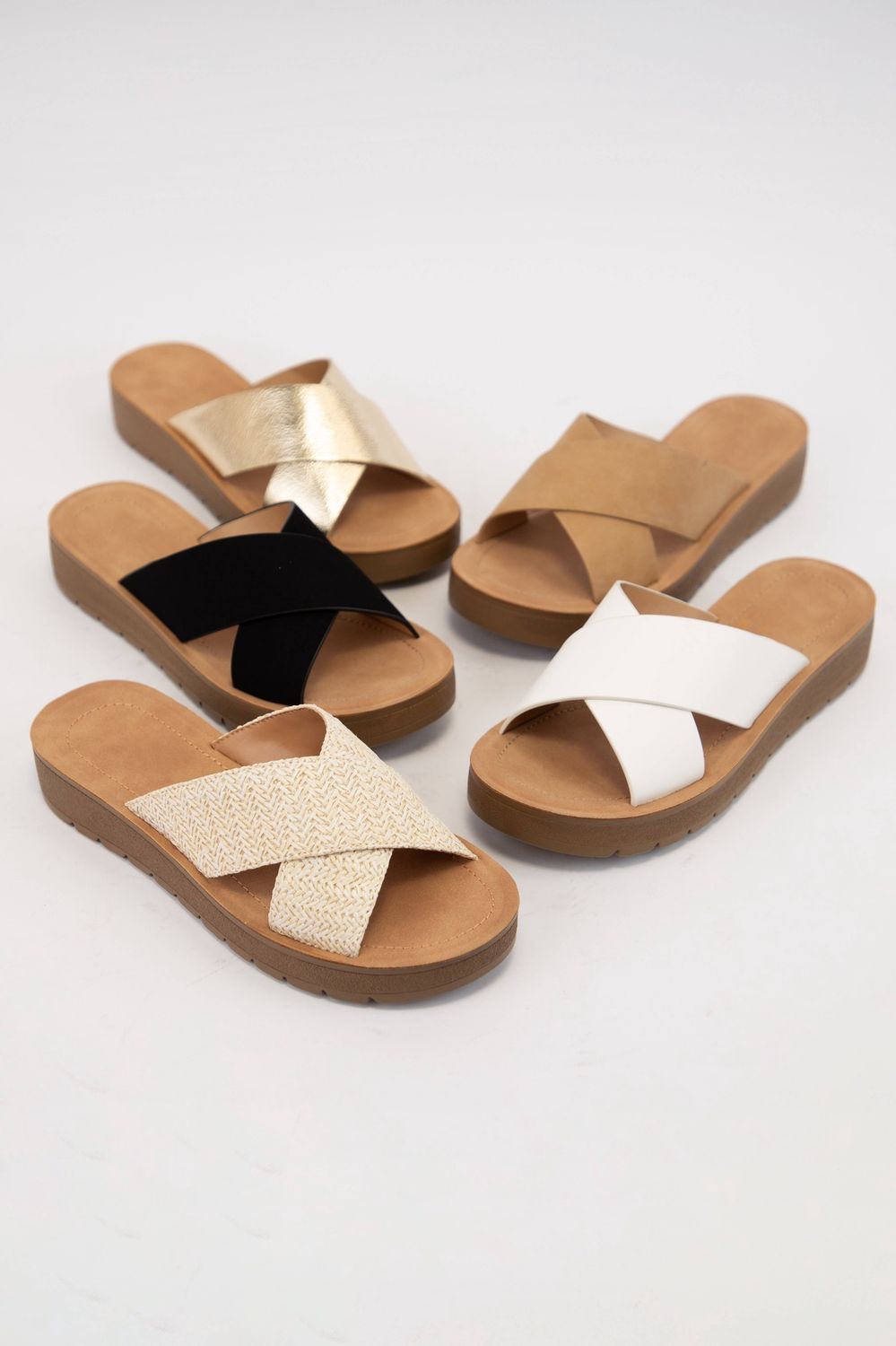LUCY LIGHT-WEIGHT WEDGE PLATFORM CROSS STRAP SLIDE SANDAL