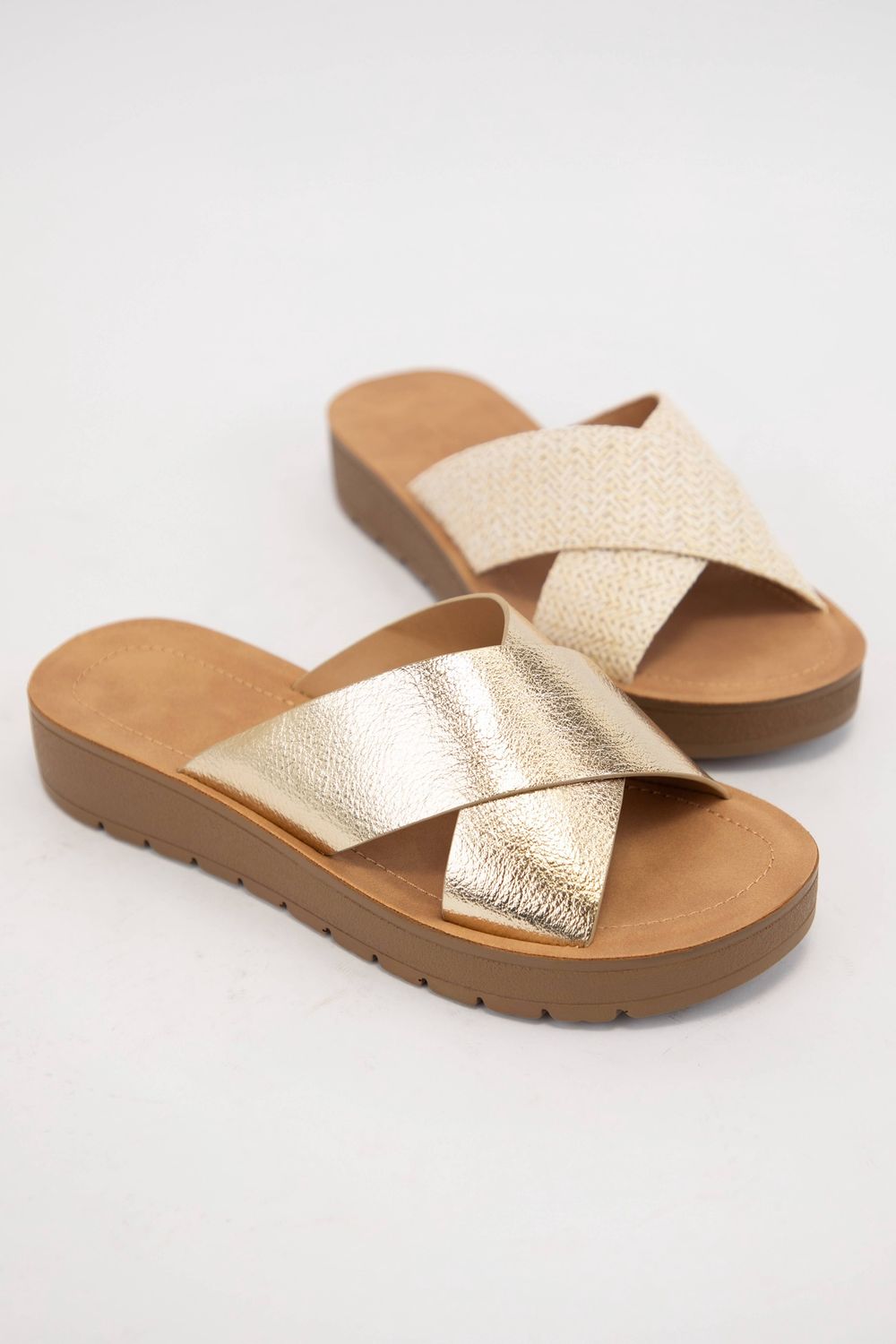 LUCY LIGHT-WEIGHT WEDGE PLATFORM CROSS STRAP SLIDE SANDAL, Color: GOLD PU, Size: A18