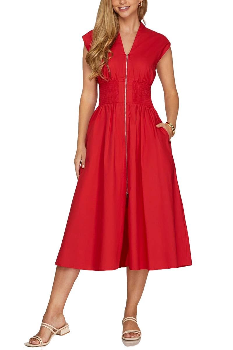 Drop Shoulder Smocked Waist Midi Dress