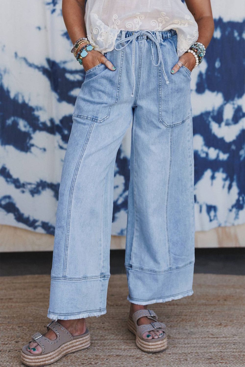 LDC Drawstring Seam Detail Raw Hem Wide Leg Denim Pants
