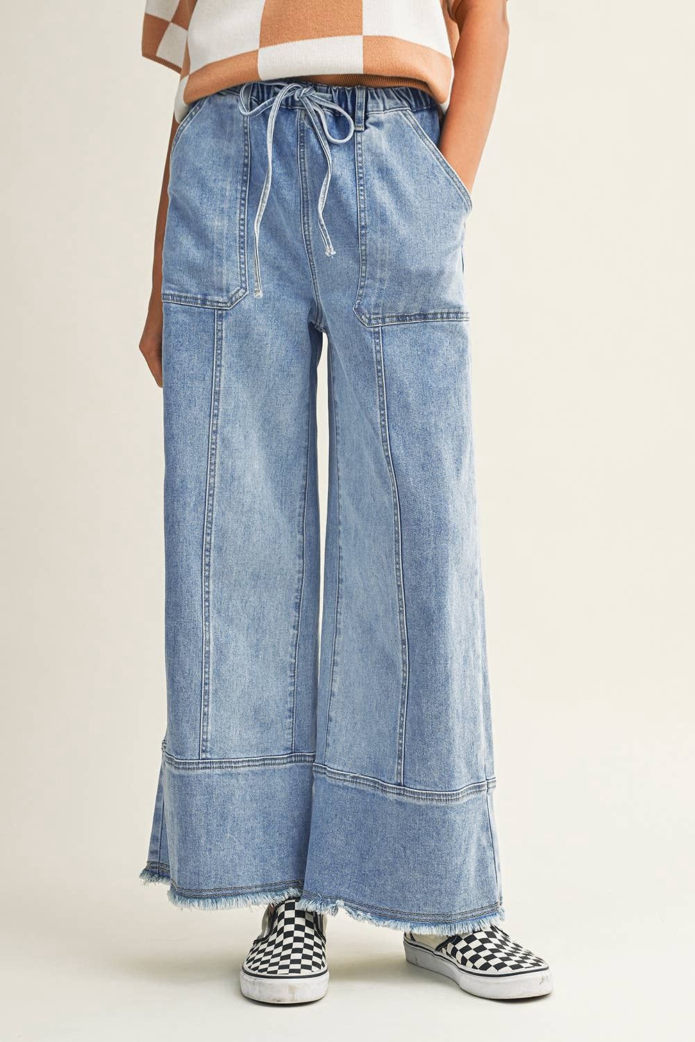LDC Drawstring Seam Detail Raw Hem Wide Leg Denim Pants, Color: Beau Blue, Size: 10