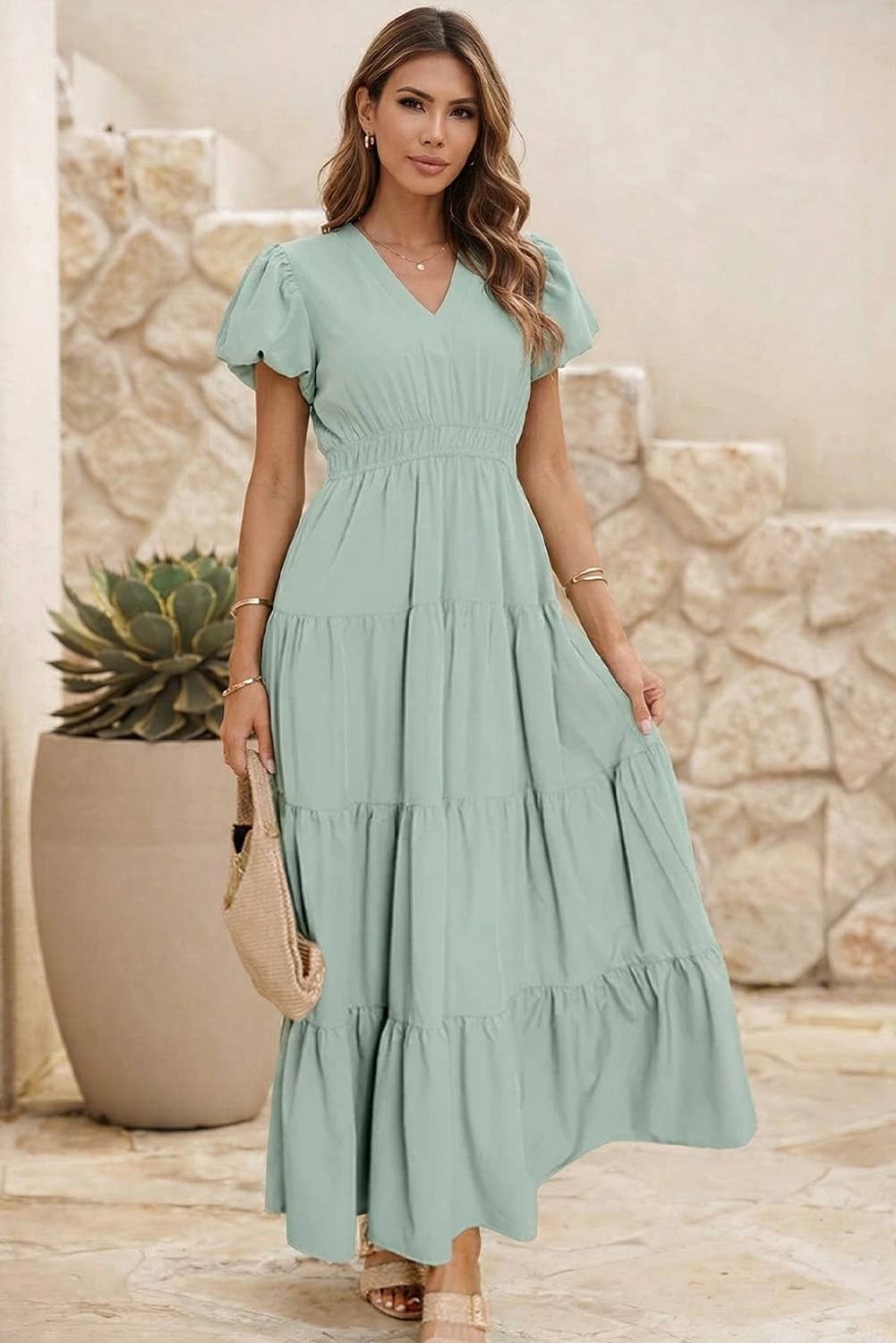 LDC Solid V Neck Short Puff Sleeve High Waist Tiered Dress, Color: Clearly Aqua, Size: S