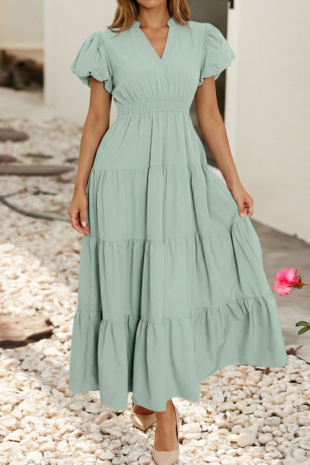 LDC Solid V Neck Short Puff Sleeve High Waist Tiered Dress