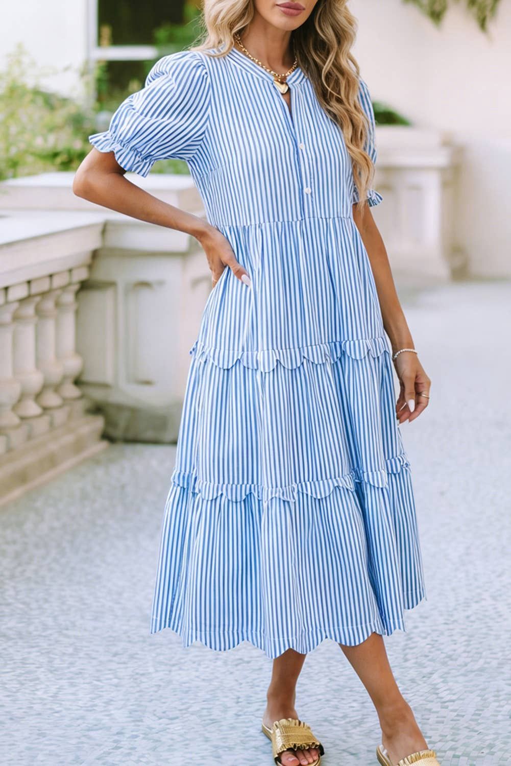 LDC Stripe Bubble Short Sleeve Tiered Scallop Long Dress, Color: Sky Blue, Size: S