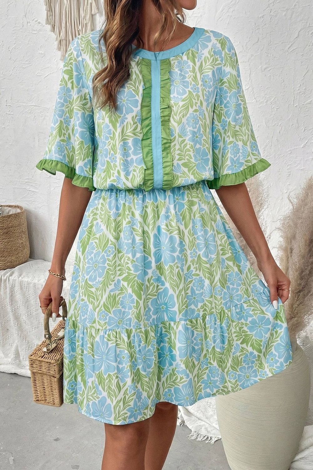 Sky Blue Floral Print High Waist Ruffle Short Sleeve Mini Dress