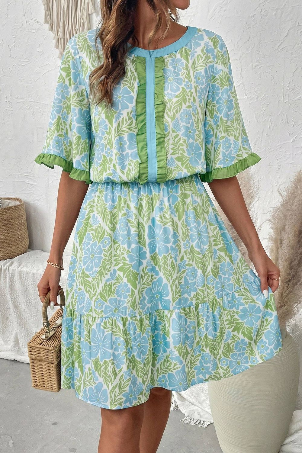 Sky Blue Floral Print High Waist Ruffle Short Sleeve Mini Dress, Color: Sky Blue, Material: 100%Viscose, Size: S