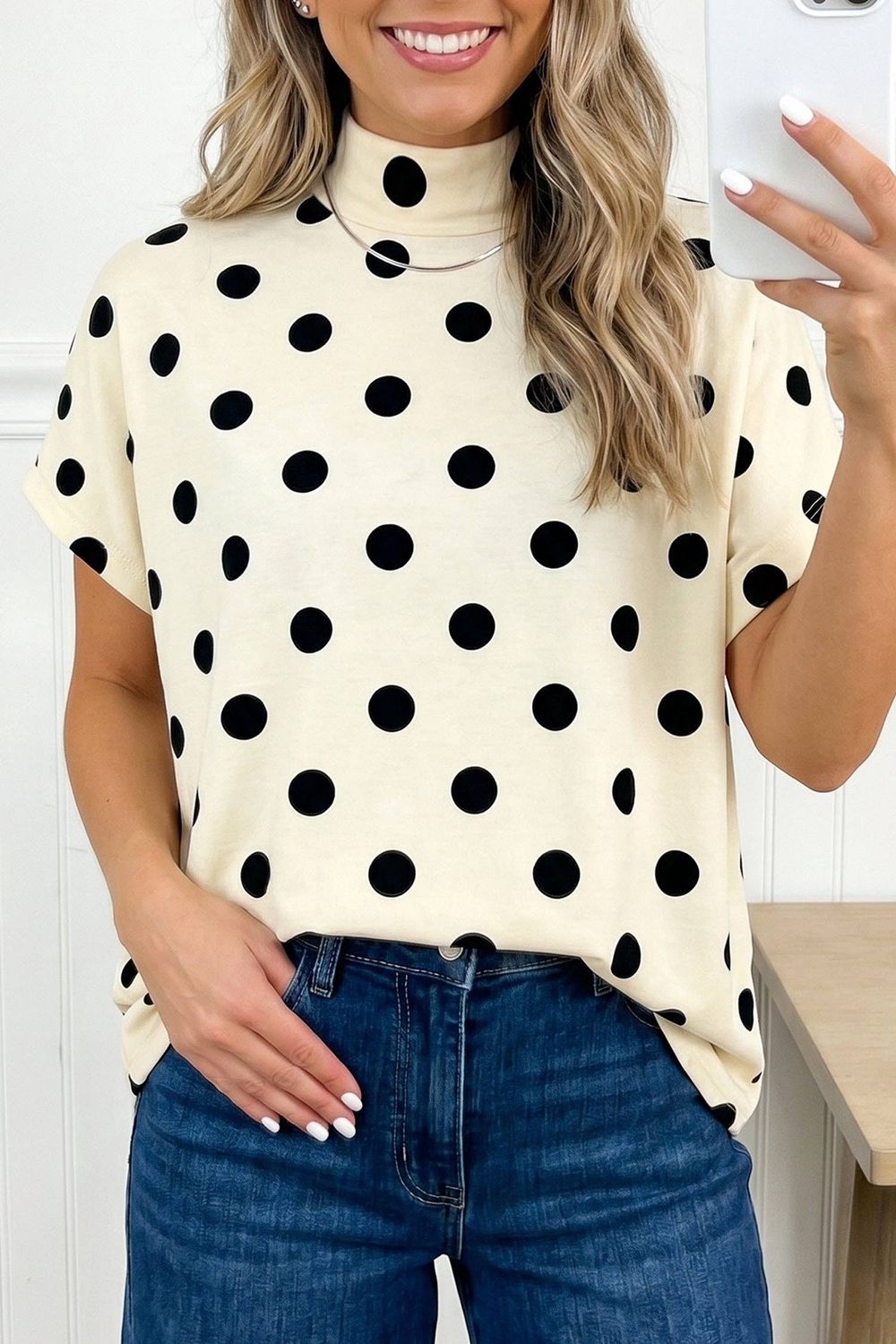 Beige Polka Dot Print High Neck Dolman Top, Color: Beige, Material: 95%Polyester+5%Elastane, Size: S