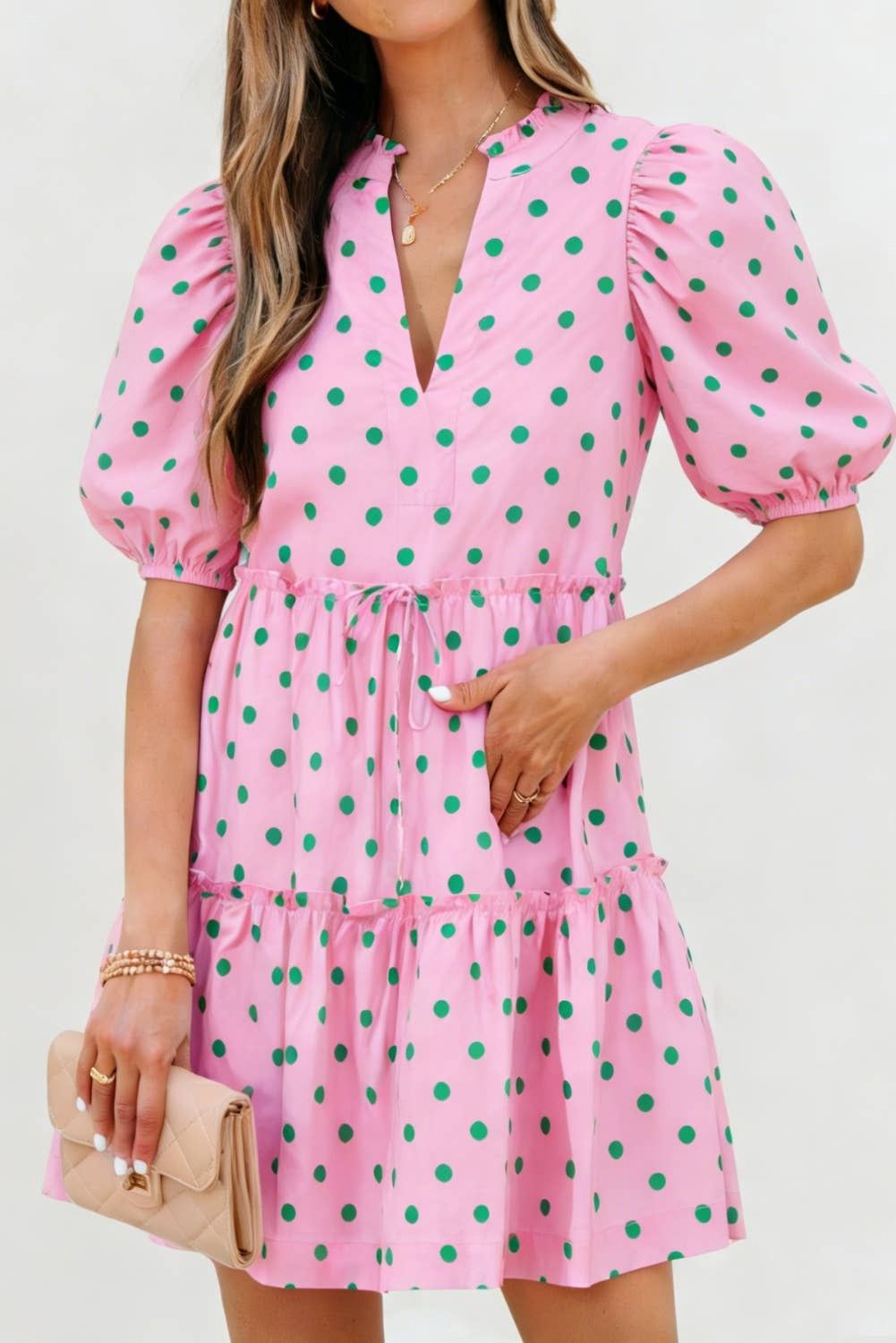 LDC Polka Dot Print V Neck Short Sleeve Tiered Mini Dress, Color: Pink, Size: XL