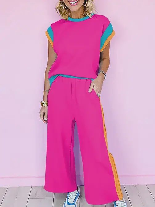 Strawberry Pink Color Block Detail Casual Two-piece SetStraw