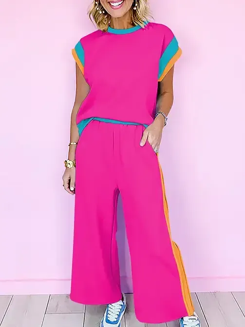 Strawberry Pink Color Block Detail Casual Two-piece SetStraw