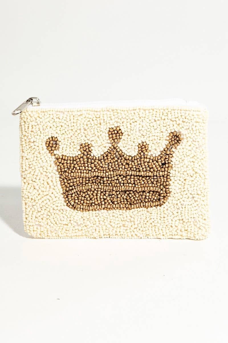White Beaded Golden Crown Coin Purse, Color: MULTI