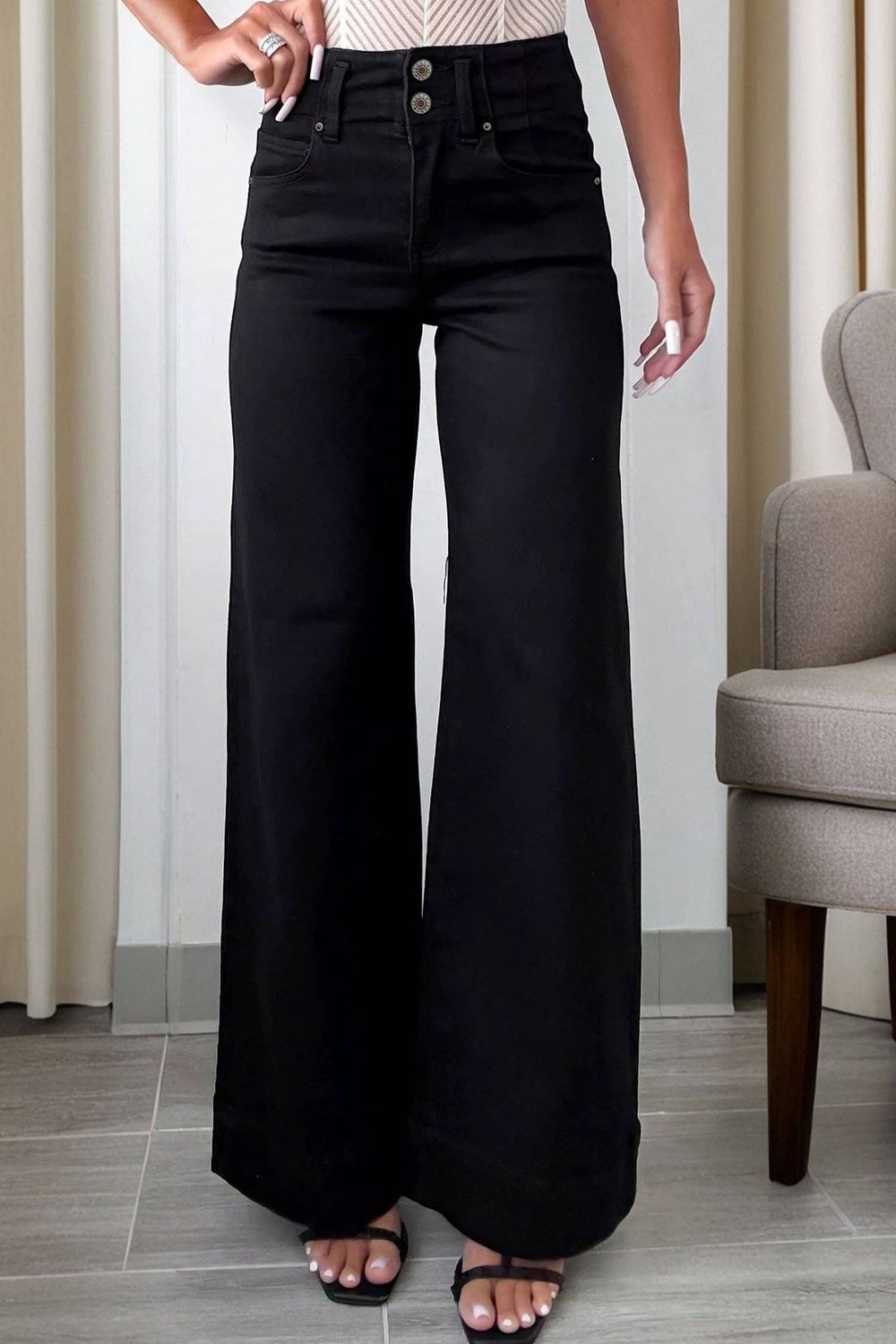 Mist Green 2-Button High Waist Flared Bottom Jeans, Color: Black, Material: 65%Cotton+33%Polyester+2%Elastane, Size: 10