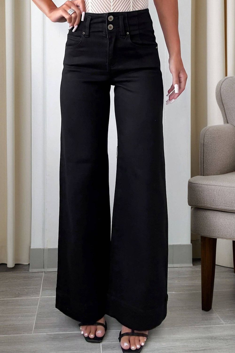 Mist Green 2-Button High Waist Flared Bottom Jeans, Color: Black, Material: 65%Cotton+33%Polyester+2%Elastane, Size: 10