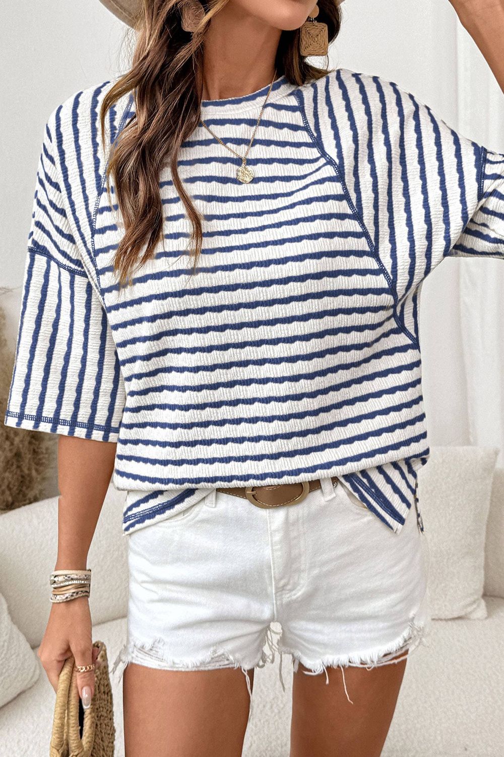 Striped Textured Knit Split Hem Half Sleeve Loose Top|S-4X