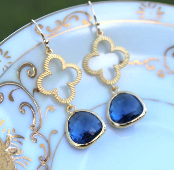 Sapphire Navy Blue Clover Quatrefoil Earrings