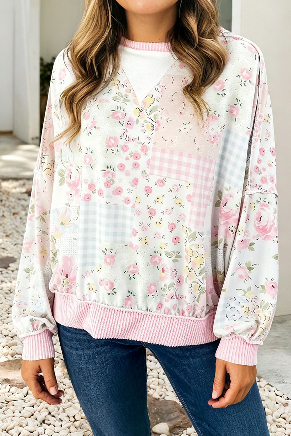 LDC Floral Patchwork Ribbed Cuffs Hem Pullover Sweatshirt