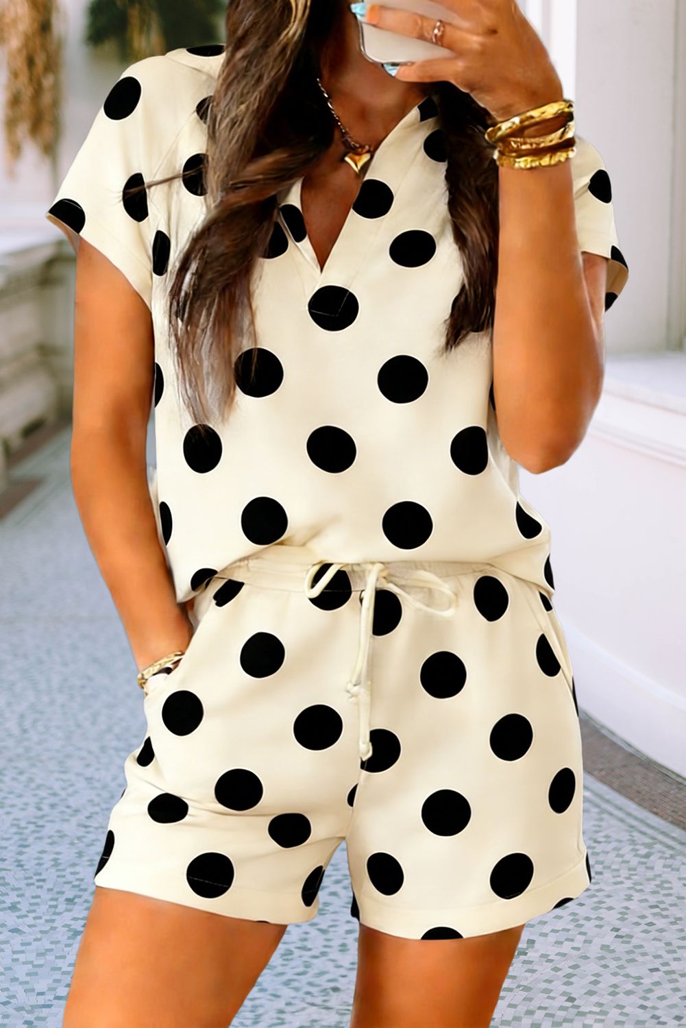 LDC Polka Dot Print V Neck Tee Short Set, Color: Beige, Size: M